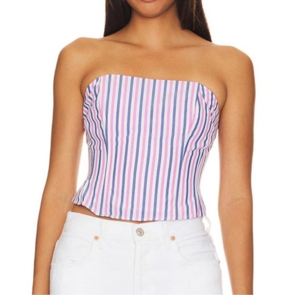 NWOT Favorite Daughter Lanai Strapless Smocked Back Blue Pink White Stripe Top